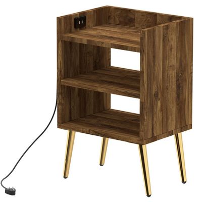 Mahmayi Modern Night Stand, Side End Table with Attached BS02 USB Charger Port and 3 Open Storage Shelf - Dark Hunton Oak 