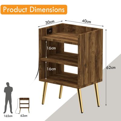 Mahmayi Modern Night Stand, Side End Table with Attached BS02 USB Charger Port and 3 Open Storage Shelf - Dark Hunton Oak 