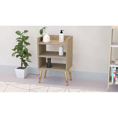 Mahmayi Modern Night Stand, Side End Table with Attached BS02 USB Charger Port and 3 Open Storage Shelf - Grey Bardilano Oak