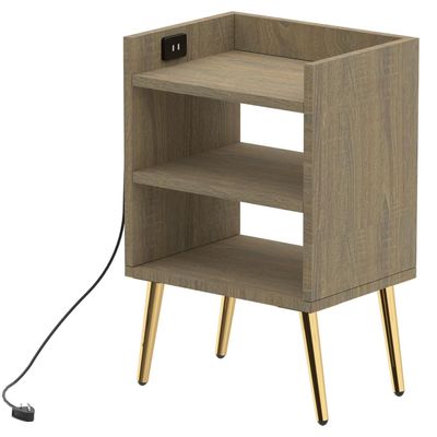 Mahmayi Modern Night Stand, Side End Table with Attached BS02 USB Charger Port and 3 Open Storage Shelf - Grey Bardilano Oak