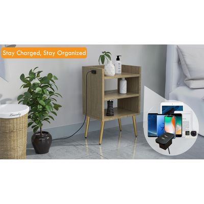 Mahmayi Modern Night Stand, Side End Table with Attached BS02 USB Charger Port and 3 Open Storage Shelf - Grey Bardilano Oak