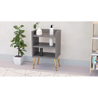 Mahmayi Modern Night Stand, Side End Table with Attached BS02 USB Charger Port and 3 Open Storage Shelf - Metal Fabric Anthracite