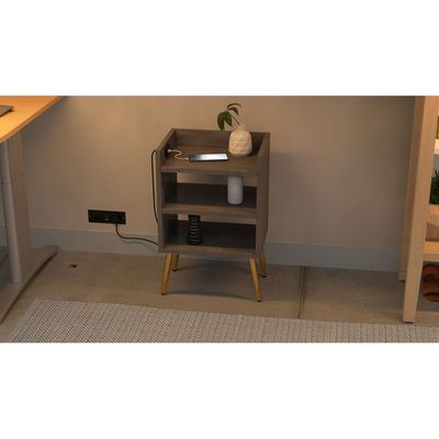 Mahmayi Modern Night Stand, Side End Table with Attached BS02 USB Charger Port and 3 Open Storage Shelf - Metal Fabric Anthracite