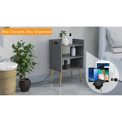 Mahmayi Modern Night Stand, Side End Table with Attached BS02 USB Charger Port and 3 Open Storage Shelf - Metal Fabric Anthracite