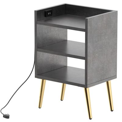 Mahmayi Modern Night Stand, Side End Table with Attached BS02 USB Charger Port and 3 Open Storage Shelf - Metal Fabric Anthracite