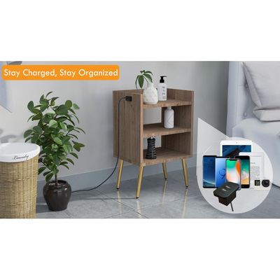 Mahmayi Modern Night Stand, Side End Table with Attached BS02 USB Charger Port and 3 Open Storage Shelf - Truffle Davos Oak 