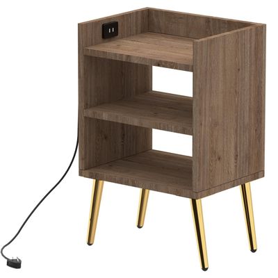 Mahmayi Modern Night Stand, Side End Table with Attached BS02 USB Charger Port and 3 Open Storage Shelf - Truffle Davos Oak 