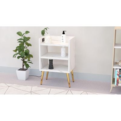 Mahmayi Modern Night Stand, Side End Table with Attached BS02 USB Charger Port and 3 Open Storage Shelf - White Levento Marble 
