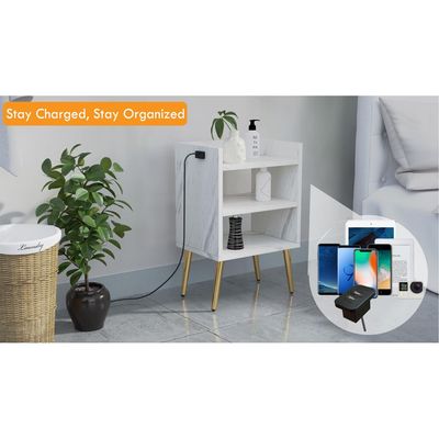 Mahmayi Modern Night Stand, Side End Table with Attached BS02 USB Charger Port and 3 Open Storage Shelf - White Levento Marble 