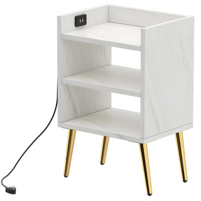 Mahmayi Modern Night Stand, Side End Table with Attached BS02 USB Charger Port and 3 Open Storage Shelf - White Levento Marble 