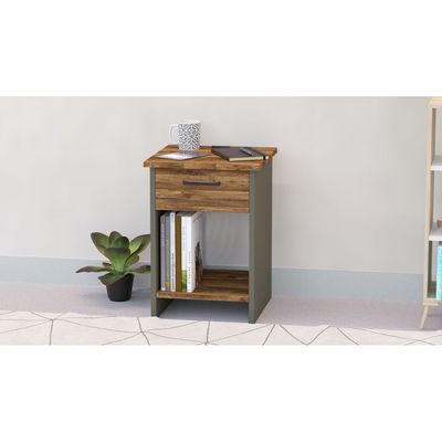 Mahmayi Modern Night Stand, Side End Table with Single Drawer and Open Storage Shelf - Dark Hunton Oak and Lava Grey