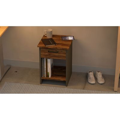 Mahmayi Modern Night Stand, Side End Table with Single Drawer and Open Storage Shelf - Dark Hunton Oak and Lava Grey