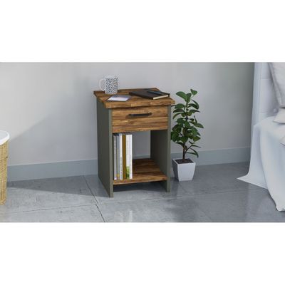 Mahmayi Modern Night Stand, Side End Table with Single Drawer and Open Storage Shelf - Dark Hunton Oak and Lava Grey