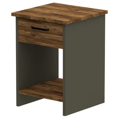Mahmayi Modern Night Stand, Side End Table with Single Drawer and Open Storage Shelf - Dark Hunton Oak and Lava Grey
