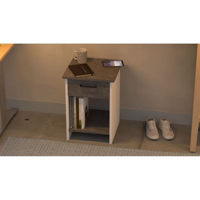 Mahmayi Modern Night Stand, Side End Table with Single Drawer and Open Storage Shelf - Metal Fabric Anthracite and White