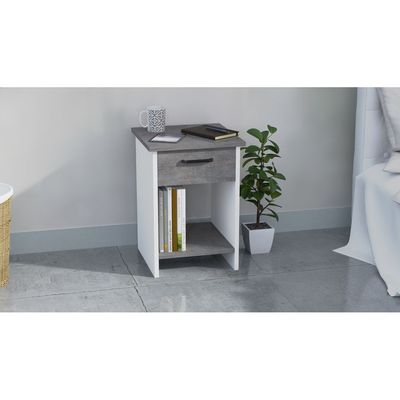 Mahmayi Modern Night Stand, Side End Table with Single Drawer and Open Storage Shelf - Metal Fabric Anthracite and White