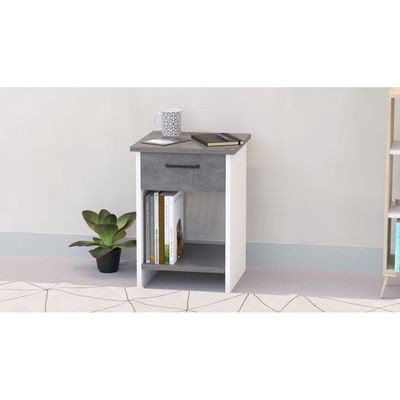 Mahmayi Modern Night Stand, Side End Table with Single Drawer and Open Storage Shelf - Metal Fabric Anthracite and White