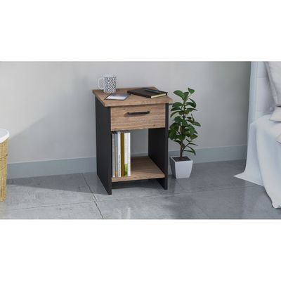 Mahmayi Modern Night Stand, Side End Table with Single Drawer and Open Storage Shelf - Truffle Davos Oak and Black