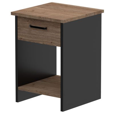 Mahmayi Modern Night Stand, Side End Table with Single Drawer and Open Storage Shelf - Truffle Davos Oak and Black