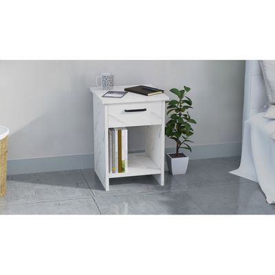 Mahmayi Modern Night Stand, Side End Table with Single Drawer and Open Storage Shelf - White Levento Marble