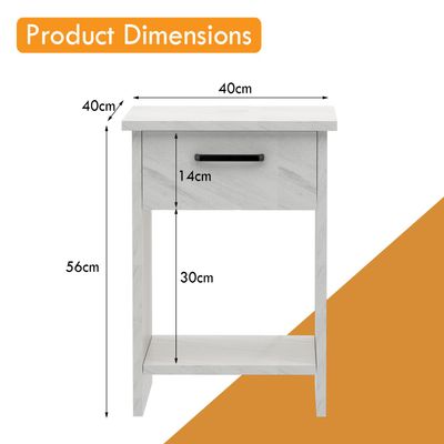 Mahmayi Modern Night Stand, Side End Table with Single Drawer and Open Storage Shelf - White Levento Marble