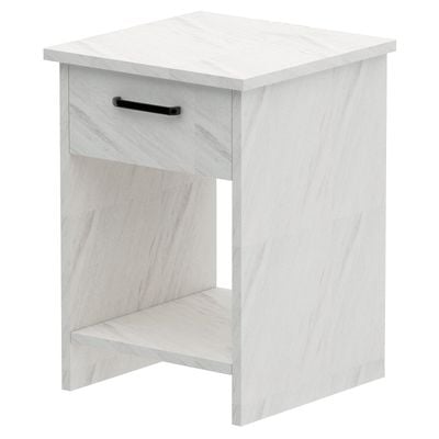 Mahmayi Modern Night Stand, Side End Table with Single Drawer and Open Storage Shelf - White Levento Marble