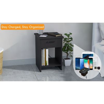 Mahmayi Modern Night Stand, Side End Table with Attached BS02 USB Charger Port, Single Drawer and Open Storage Shelf - Black