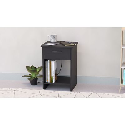 Mahmayi Modern Night Stand, Side End Table with Attached BS02 USB Charger Port, Single Drawer and Open Storage Shelf - Black