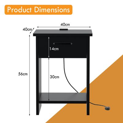 Mahmayi Modern Night Stand, Side End Table with Attached BS02 USB Charger Port, Single Drawer and Open Storage Shelf - Black