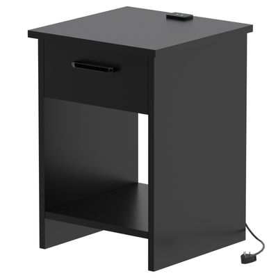 Mahmayi Modern Night Stand, Side End Table with Attached BS02 USB Charger Port, Single Drawer and Open Storage Shelf - Black