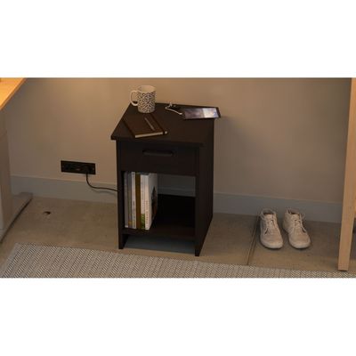 Mahmayi Modern Night Stand, Side End Table with Attached BS02 USB Charger Port, Single Drawer and Open Storage Shelf - Black