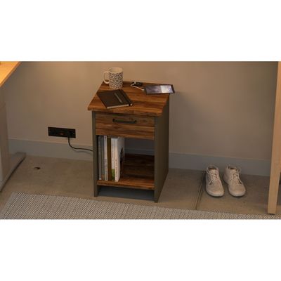 Mahmayi Modern Night Stand, Side End Table with Attached BS02 USB Charger Port, Single Drawer and Open Storage Shelf - Dark Hunton Oak and Lava Grey