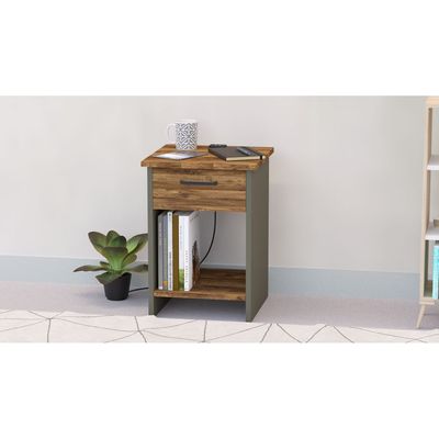 Mahmayi Modern Night Stand, Side End Table with Attached BS02 USB Charger Port, Single Drawer and Open Storage Shelf - Dark Hunton Oak and Lava Grey