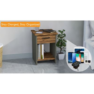 Mahmayi Modern Night Stand, Side End Table with Attached BS02 USB Charger Port, Single Drawer and Open Storage Shelf - Dark Hunton Oak and Lava Grey