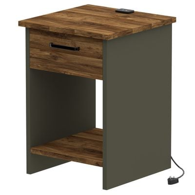 Mahmayi Modern Night Stand, Side End Table with Attached BS02 USB Charger Port, Single Drawer and Open Storage Shelf - Dark Hunton Oak and Lava Grey