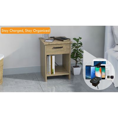Mahmayi Modern Night Stand, Side End Table with Attached BS02 USB Charger Port, Single Drawer and Open Storage Shelf - Grey Bardilano Oak