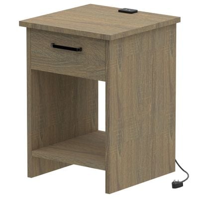 Mahmayi Modern Night Stand, Side End Table with Attached BS02 USB Charger Port, Single Drawer and Open Storage Shelf - Grey Bardilano Oak