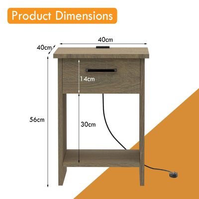 Mahmayi Modern Night Stand, Side End Table with Attached BS02 USB Charger Port, Single Drawer and Open Storage Shelf - Grey Bardilano Oak