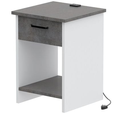 Mahmayi Modern Night Stand, Side End Table with Attached BS02 USB Charger Port, Single Drawer and Open Storage Shelf - Metal Fabric Anthracite and White