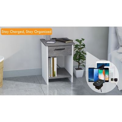 Mahmayi Modern Night Stand, Side End Table with Attached BS02 USB Charger Port, Single Drawer and Open Storage Shelf - Metal Fabric Anthracite and White