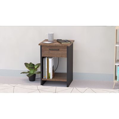 Mahmayi Modern Night Stand, Side End Table with Attached BS02 USB Charger Port, Single Drawer and Open Storage Shelf - Truffle Davos Oak and Black