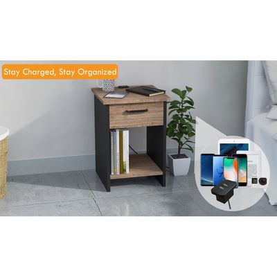 Mahmayi Modern Night Stand, Side End Table with Attached BS02 USB Charger Port, Single Drawer and Open Storage Shelf - Truffle Davos Oak and Black