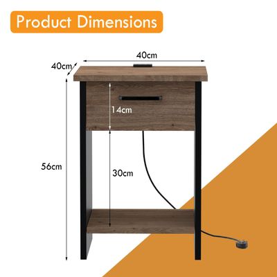 Mahmayi Modern Night Stand, Side End Table with Attached BS02 USB Charger Port, Single Drawer and Open Storage Shelf - Truffle Davos Oak and Black