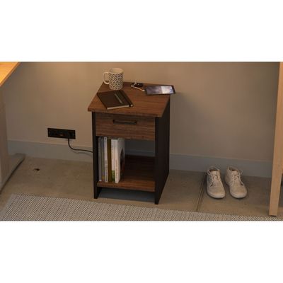 Mahmayi Modern Night Stand, Side End Table with Attached BS02 USB Charger Port, Single Drawer and Open Storage Shelf - Truffle Davos Oak and Black