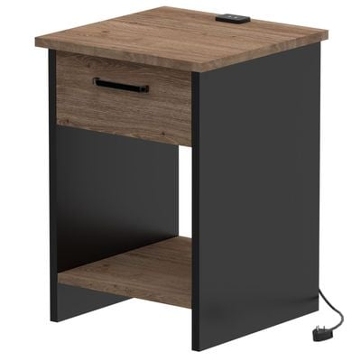 Mahmayi Modern Night Stand, Side End Table with Attached BS02 USB Charger Port, Single Drawer and Open Storage Shelf - Truffle Davos Oak and Black