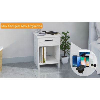 Mahmayi Modern Night Stand, Side End Table with Attached BS02 USB Charger Port, Single Drawer and Open Storage Shelf - White Levento Marble