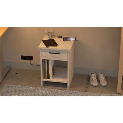 Mahmayi Modern Night Stand, Side End Table with Attached BS02 USB Charger Port, Single Drawer and Open Storage Shelf - White Levento Marble