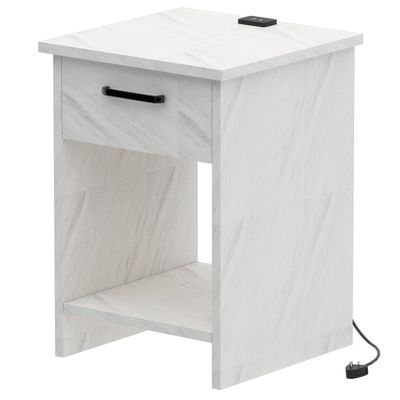 Mahmayi Modern Night Stand, Side End Table with Attached BS02 USB Charger Port, Single Drawer and Open Storage Shelf - White Levento Marble