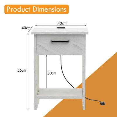 Mahmayi Modern Night Stand, Side End Table with Attached BS02 USB Charger Port, Single Drawer and Open Storage Shelf - White Levento Marble