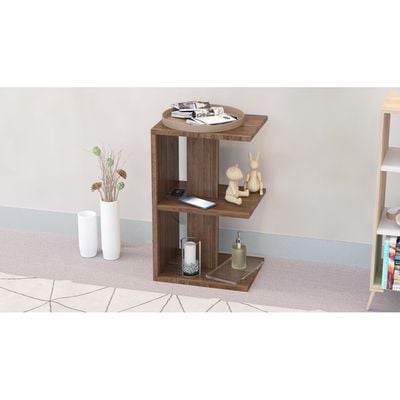 Mahmayi Modern E Shape Night Stand, Side End Table with 3 Open Storage Shelf - Truffle Davos Oak 